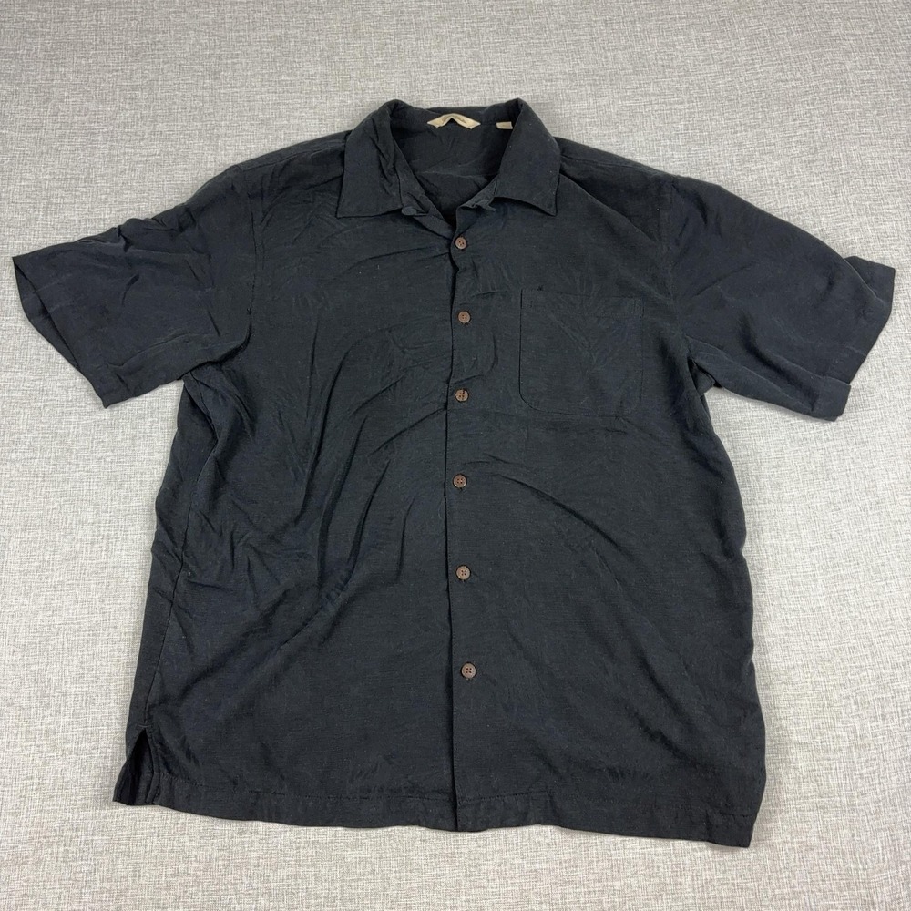 Paradise Collection Shirt Mens Large Black Silk Hawaiian Short Sleeve Button Up